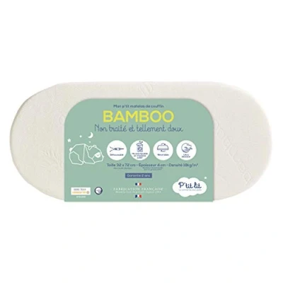 Image de P&#039;tit Lit Matelas de Couffin Bamboo 72x32 cm Viscose Douce et Soyeuse pour Bébé Idéal Landau Nacelle Berceau Forme Ovale Réversible Déhoussable Fabrication Française