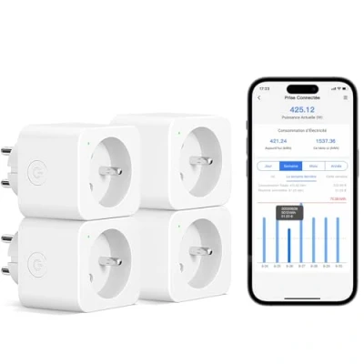 Image de Meross Prise Connectée (Type E), 16A WiFi Compatible avec Alexa et Google Home, 4 Prises Mesure Consommation Électrique Commande Vocale, Contrôle à Distance Configuration Bluetooth