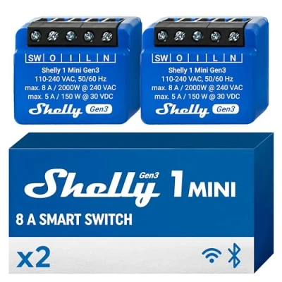 Image de Shelly 1 Mini Gen3 Relais Interrupteur Sans fil, Contacts secs, Wi Fi &amp; Bluetooth, Canal 8A, Commande portail, lumières, Alexa Google Home, App iOS Android, hub (Lot de 2)