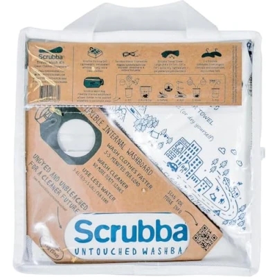 Image de Scrubba Trousse de toilette portable intacte (5 pièces) Blanc non teint, blanchi, système machine à laver la main pour hôtel, randonnée et voyage Laveuse sèche linge camping légère