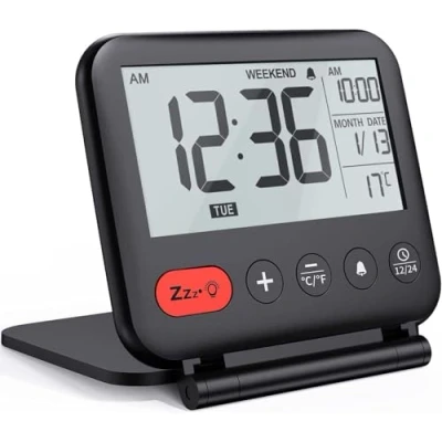 Image de FISHTEC Réveil de Voyage Mini Horloge Numérique LCD Portable avec Calendrier Rétroéclairé 12/24H Fonction Température Miroir Petite Bureau Pliable à Piles Couleur Noir