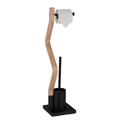 Image de Relaxdays Serviteur WC Non Fixe, Porte Rouleau, Brosse et Son Support, H x L P : 75 18,5 cm, Noir Nature