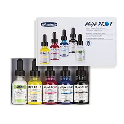 Image de Schmincke AQUA DROP, aquarelle liquide, très résistante à la lumière, 5 x 30 ml couleurs primaires + Blanc Opaque, 78 005 097, pour peinture l&#039;aquarelle, calligraphie, le lettrage main