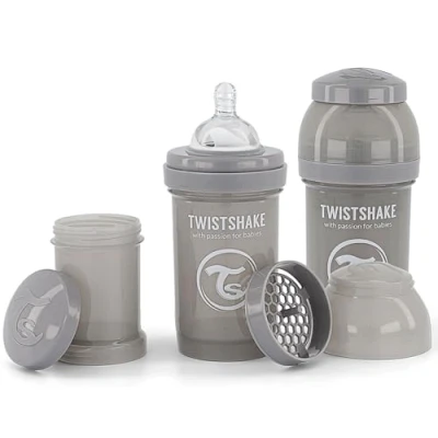 Image de Twistshake 2x Biberons Anti Coliques Avec Récipient Pour Lait En Poudre Et Mélangeur 180ml Tétine Silicone À Débit Lent Biberon Sans BPA 0+ Mois Gris