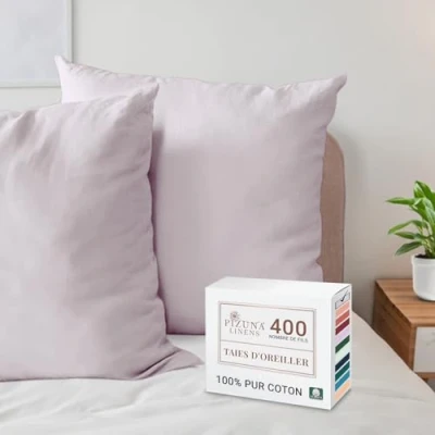 Image de Pizuna Coton Peigné Set de 2 taies d&#039;oreiller 65x65 cm Lilas Clair, 100% Longue Tige 400 Fils Armure Satin en avec Rabat 20cm