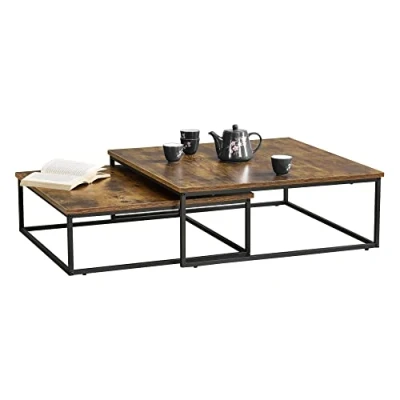 Image de [en.casa] Lot de 2 Tables Gigognes Carrées Tailles Différentes Set Salon Ensemble d&#039;appoint Panneau Particules Acier Revêtu par Poudre Effet Bois Foncé Noir Mat