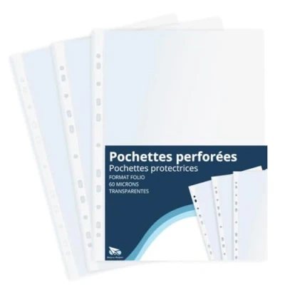 Image de Raylu Paper® pochettes plastiques perforées en polypropylène 100% recyclable, pour documents à grande ouverture, dos renforcé. 100 pièces (Transparent Verre, Folio 60 microns)