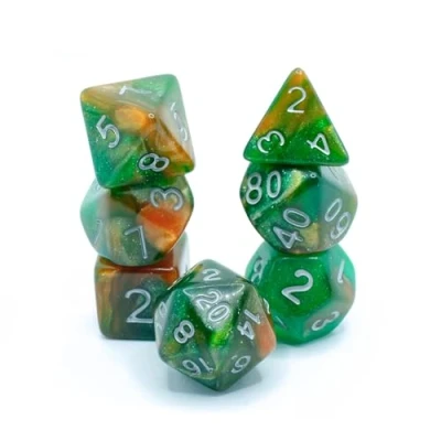 Image de Autumn Forest Polyset Dice Polydice Green Orange Glitters and White Set of 7 Pieces D&amp;D RPGs Plastic Polyhedral DND / Dungeons Dragons