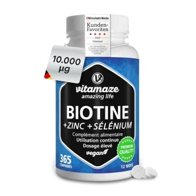 Image de Biotine Complexe 10.000mcg 365 Micro Comprimés (1An) avec Sélénium et Zinc Accélère Pousse des Cheveux, Peau Onglés Vegan Pure Vitamine B8 Sans Additifs Inutiles Vitamaze®