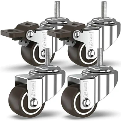 Image de GBL 4 Roulettes Pivotantes Tige Fileté M6x15mm pour Meubles dont 2 avec Frein + Vis 25mm Jusqu&#039;à 40KG Mini Roulette Sans Traces au Sol Charge Lourde en Caoutchouc Argentées