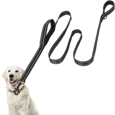 Image de Euqvunn Laisse Chien 2m avec Double poignées rembourrées Coutures réfléchissantes Corde en Nylon pour Grands et Moyens Chiens Longe de contrôle Dressage Noir