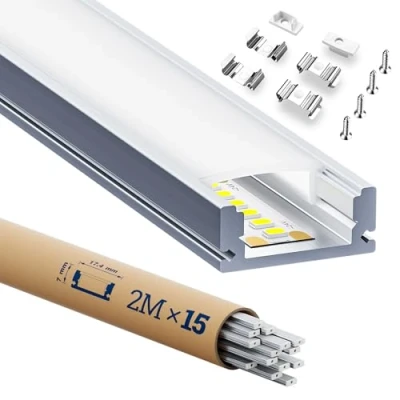Image de HOOLED Lot de 15 profilés en aluminium pour bandes LED 2 mètres rectangulaires (30 m), couverture mate, dimensions 17,4 mm x 7 mm, Encombrement max 12,4 SP26