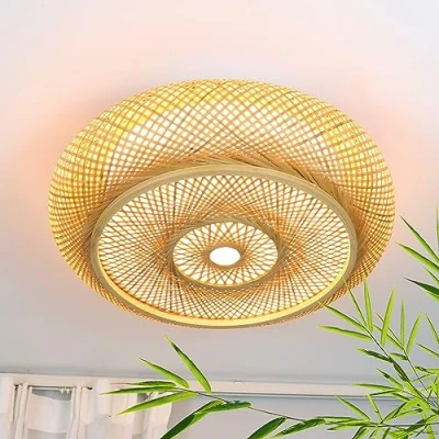 Image de Plafonnier Bambou Rotin LED Dimmable Avec Télécommande En Bois Lampe Tissé À La Main Naturel 50w Rétro Rond Lampes Plafond Pour Chambre Salon Couloir,50cm