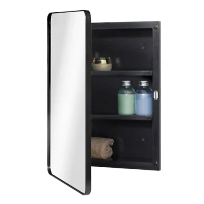 Image de Fundin Armoire de salle bain en plastique noir poli avec miroir, porte miroir bord rond, cadre métal approfondi et surface, montage bain, 40,6 x 55,9 cm, taille