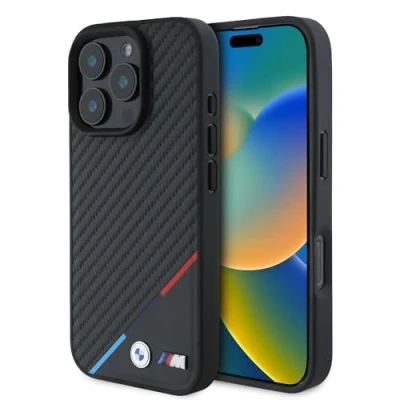 Image de CG MOBILE BMW HC M coque de téléphone conçue pour iPhone 16 Pro Max, durable, résistante aux chocs, compatible avec MagSafe, en carbone PU tricolore noir