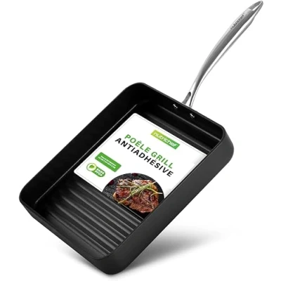 Image de NutriChef Poêle Grill Carree Antiadhésive de 28 cm en Fonte Crêtes Hautes, Durcie par Anodisation, Gril Cuisinière, Poignées Solides, Compatible Lave Vaisselle