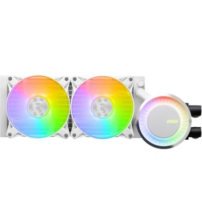 Image de MSI MAG CORELIQUID E240 White Kit Watercooling CPU, Plaque Froide en Cuivre Agrandie,Tête Waterblock ARGB et Ventilateurs FDB,Double Chambre, Radiateur Split Flow, Mystic Light,Compatible AMD Intel
