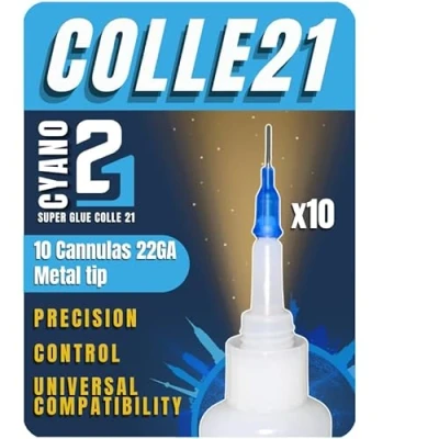 Image de 10 Canules de précision embout métal diametre 22GA pour flacon colle Super Glue Colle21. Pointe en avec calibre 22GA,en acier inoxydable et plastique bleu