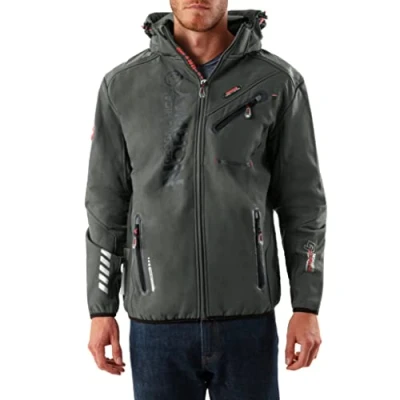 Image de Geographical Norway ROYAUTE Men Veste Softshell Homme Impermeable Manteau À Capuche Outdoor Blouson Coupe Vent Tactique Resistant Hiver Ideal Activites en Exterieur (Gris Foncé/Noir L)