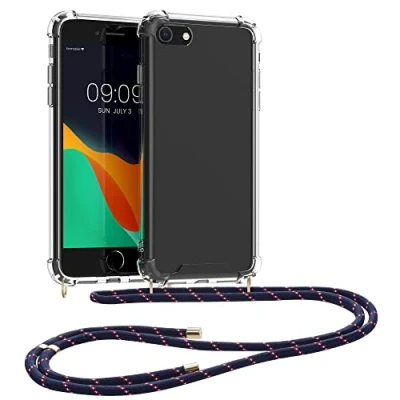 Image de kwmobile Coque Collier Compatible avec Apple iPhone SE (2022) / (2020) 8 7 Housse de Protection en TPU Cordon Sangle Bleu foncé Transparent Rouge