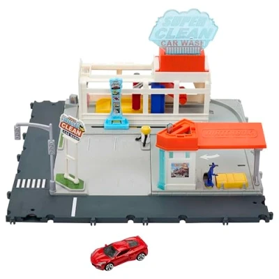 Image de Matchbox Coffret Action Drivers Station de Lavage Super Clean avec Sons et lumières réalistes, 1 Voiture Incluse, Jouet Enfant, Dès 3 Ans, HNJ54