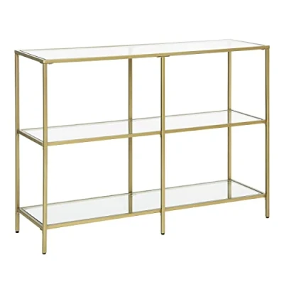 Image de VASAGLE Table Console d’Entrée, Étagère à 3 Niveaux en Verre Trempé, 30 x 100 73 cm, Cadre Métal, Style Moderne, pour Couloir, Salon, Chambre, Doré Métallique et Transparent LGT27G