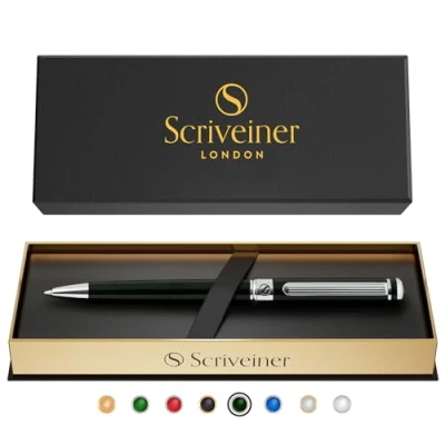 Image de Scriveiner Stylo à Bille Noir Vert de Luxe Vert, Finition Chromée, Recharge Noire Schmidt, Ensemble Stylos Homme et Femme, Professionnel, Bureau, Élégant Designer
