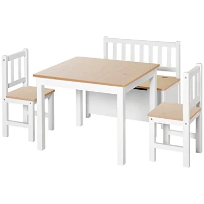 Image de HOMCOM Ensemble de Table et chaises Enfant Set 4 pièces Table, 2 chaises, Banc Coffre en 1 MDF pin Blanc Bois Clair