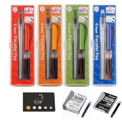 Image de Lot 4 Coffrets Parallel Pen: 1,5 mm + 2,4 3,8 6,0 12 Cartouches Couleurs assorties 6 noires 1 Index Adhesif Blumie