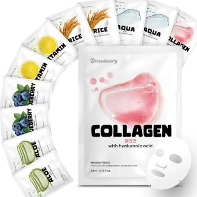 Image de BEAULIVERY Masque Visage 12 Pièces avec Acide Hyaluronique Set de 6 variétés x 2, Soin Coréen
