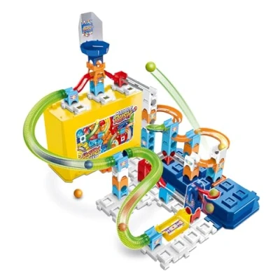 Image de VTech Marble Rush, Circuit à Billes Build &amp; Store Box Set M400, Jeu de Construction et Boîte Rangement, 65 Pièces, 5 Billes, Cadeau Enfant Dès 4 Ans Contenu en Français