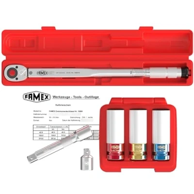 Image de Famex 10886 3N KS Clé dynamométrique 12,5 mm 30 210 Nm avec certificat d&#039;étalonnage Set économique embouts spéciaux pour boulons de roue