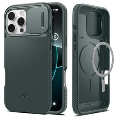 Image de Spigen Coque pour iPhone 16 Pro Max, Optik Armor MagFit, [Cache Objectif] 6,9 Pouces Vert