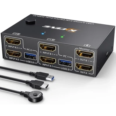 Image de USB 3.0 DHMI KVM Switch 2 PC Monitors 4K@60Hz 2K@144Hz, EDID Emulator, ESKEVE Dual Monitor HDMI2.0 for PCs/Laptops Sharing 4 Devices with HDMI Cable and Wired Remote Control