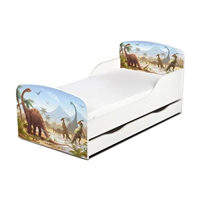 Image de Leomark Moderne Lit d&#039;enfant Toddler avec Matelas et Un tiroir Couleur Blanc Motif: Dinosaures Meubles pour Enfants Confortable Fonctionnel Simple Zone de Couchage 70/140 cm