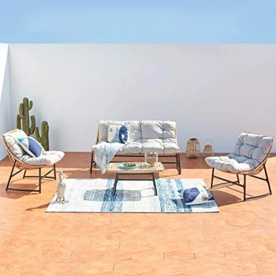 Image de CONCEPT USINE Salon de Jardin 4 Places pièces avec Coussins : 2 Fauteuils + 1 canapé Table Basse Plateau Verre Trempé Résine Aspect Rotin GUAHANA Structure Acier Intérieur Extérieur