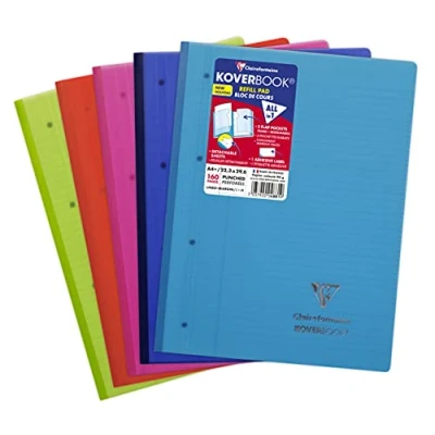 Image de Clairefontaine 4881C Un Bloc de Cours Koverbook Agrafé Grand Côté A4+ 22,3x29,6cm 160 Pages Détachables Lignées avec Marge Perforées 4 Trous Papier Blc 90g Couverture Polypro Couleur Aléatoire