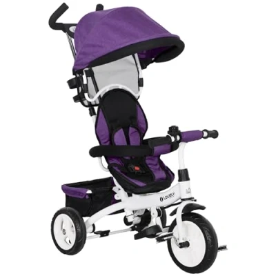 Image de HOMCOM Tricycle bébé évolutif 6 en 1 vélo Poussette avec poignée de poussée, auvent Amovible, Ceinture sécurité à 5 Points, Rangement, Repose Pieds, Frein, pour Enfants Ans, Violet