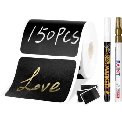 Image de Joyoldelf Lot de 150 étiquettes autocollantes Pour tableau noir Réutilisables Imperméables Avec 2 marqueurs effaçables cuisine, pots à épices, confitures, etc. 5,5 x 3,5 cm