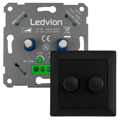 Image de Ledvion Variateur LED Duo, 3 100 Watts, Inclus Plaque Noire, Universel, LED, Encastrable, Découpage de Phase