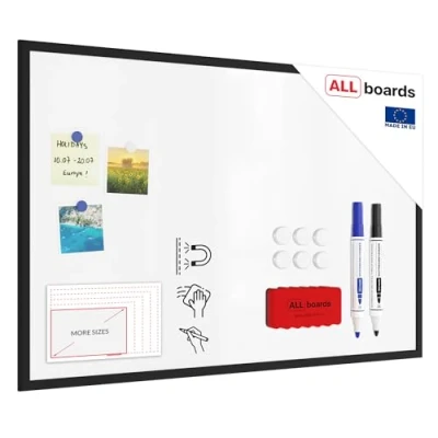 Image de ALLboards Tableau Blanc Magnétique Effaçable à Sec avec Cadre en Bois Noir 90x60cm