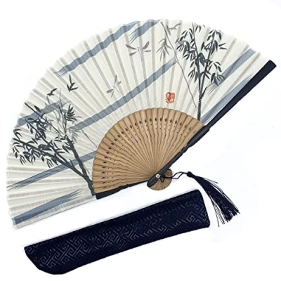 Image de evantail Pliant à la Main en Bambou Coton Blanc，inclure Une Pochette Soie，eventail Japonais éventail Chinois 22 cm