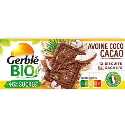 Image de Gerblé BIO Biscuits Avoine Coco Cacao Réduits en Sucres Pauvres Acides Gras Saturés Riche Fibres Sans Huile de Palme 4 Sachets 3 1 Boîte 132 g