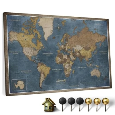 Image de Carte du monde en toile avec tableau d&#039;affichage liège Labels anglais Décoration murale décorative pour toutes les pièces Tableaux sur (90x60 cm, Motif 13)
