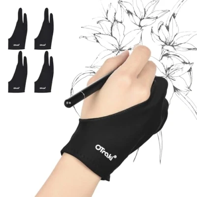 Image de OTraki Lot de 4 Gants Dessin Élastiques pour Tablette Droitier Gaucher, Gant d&#039;artiste Anti fouling à Deux Doigts Dessiner Graphique et Pad Pro (8.5x20cm, Noir)