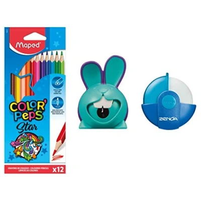 Image de Maped Kit de coloriage 12 crayons couleur Peps + gomme Zenoa bleue taille crayon Croc Lapin bleu