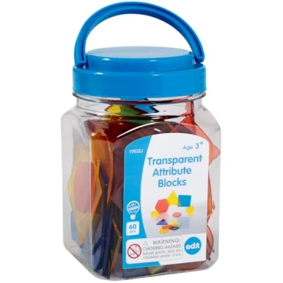 Image de edxeducation Lot de 60 blocs d&#039;attributs transparents Mini bocal Formes en plastique colorées Accessoire boîte à lumière Jeu sensoriel