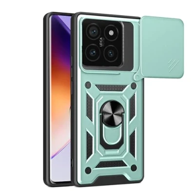 Image de BOKYAS Coque pour Xiaomi 14T Pro avec Cache Webcam &amp; Support Annulaire à 360 Degrés, Anti Chute Étui Housse Compatible De Voiture Magnétique, Vert
