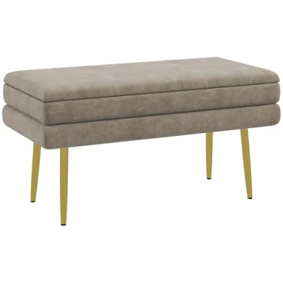 Image de HOMCOM Banc Banquette Coffre de Rangement 2 en 1 Assise Aspect Velours et Pieds Acier 79,5L x 37,5l 43H cm Beige doré