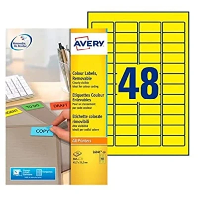 Image de AVERY Pochette de 960 étiquettes jaunes autocollantes et amovibles, Personnalisables imprimables, Format 45,7 x 21,2 mm, Impression laser / jet d&#039;encre, (L6041 20)